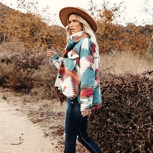 Distressed Yellowstone Aztec Native Flannel Jacket Coat Shacket Top Blue Red - Picture 4 of 11